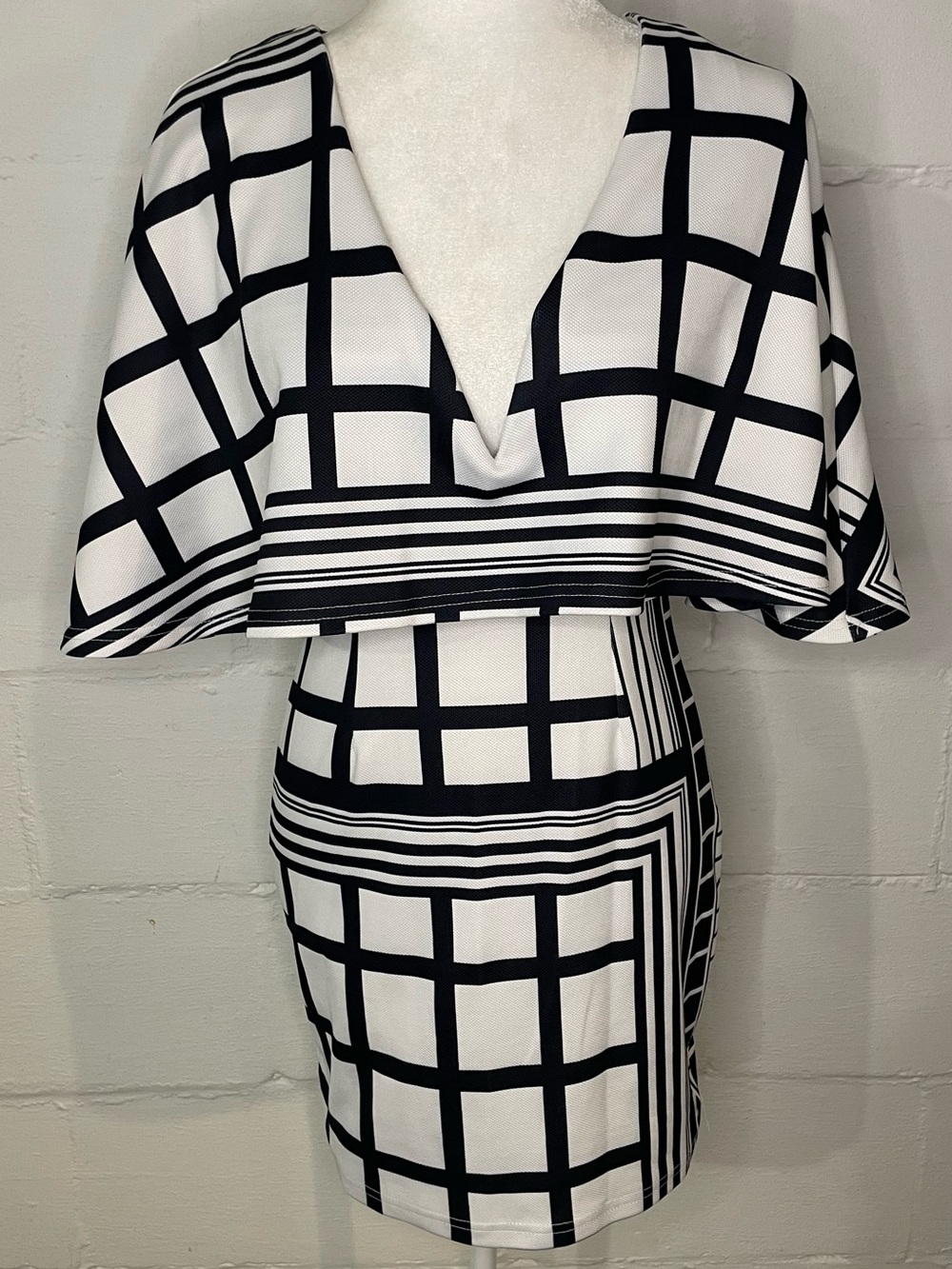 Black & White Grid V-Neck Cape Mini Dress